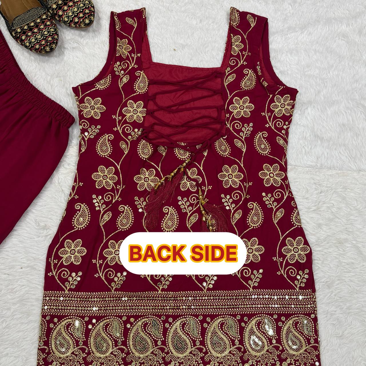 Deep Ruby Floral-Embroidered Silk Set